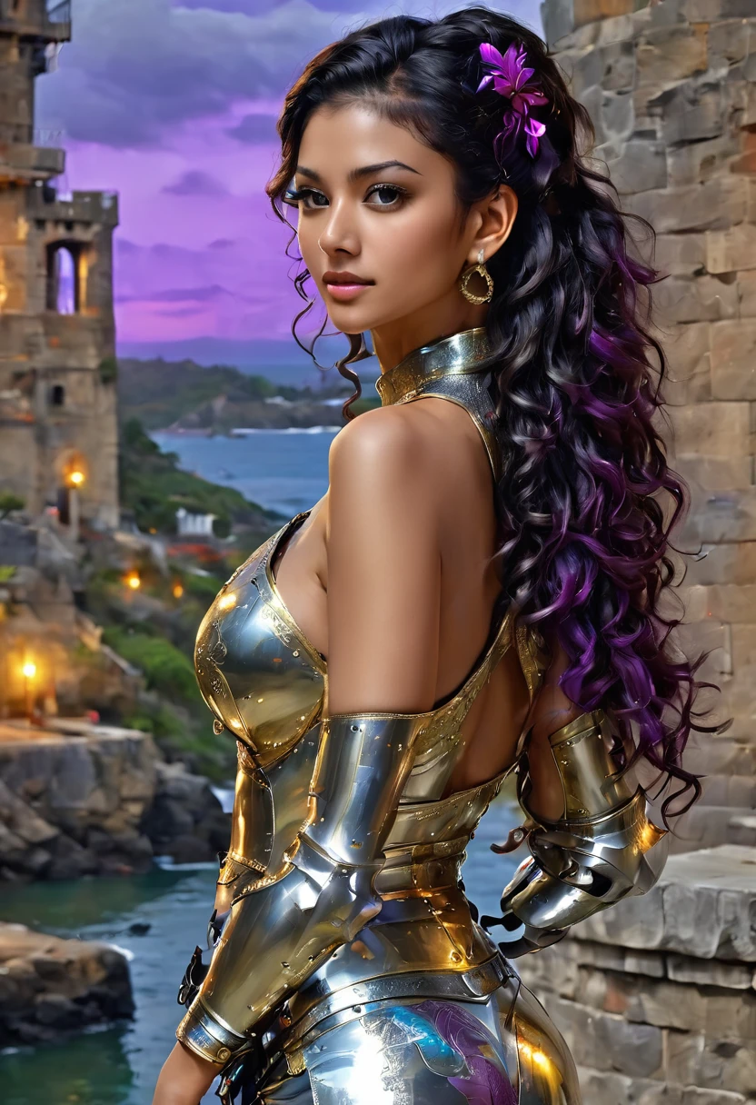 ((best quality)), ((masterpiece)), (detailed), (realistic), (photoreal), 1girl, (full body image), (Proportionate body), (clothing details), (beautiful face), (vibrant colors), (sexy action pose), (side view), (back view), human, female, athletic thin body, tan skin, Puerto Rican, black wavy curly hair in ponytail, (small gold earrings), princess, sexy armor, sexy clothing, Volumetric Lighting, Reflections, Glossy, sexy toned butt, looking at viewer, purple and gray clothes, castle background, (dull green eyes), (revealing clothing), barely clothed, thong, see-through, smirk