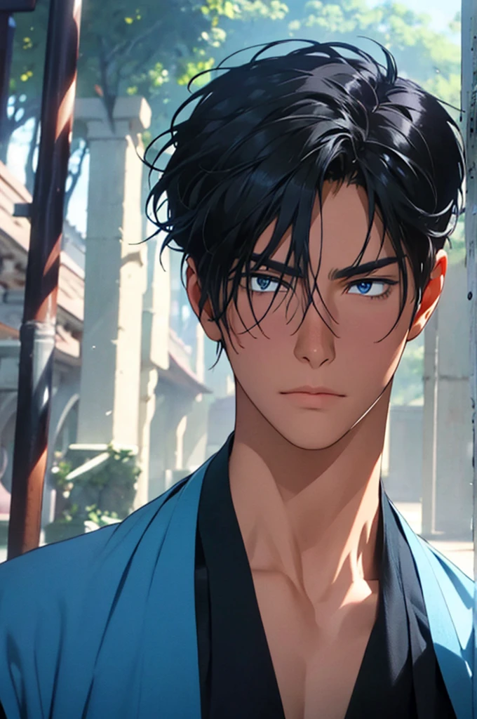 masterpiece, best quality, high quality, 1boy, solo, male focus, , son-hak, black hair, blue eyes, modern clothes, hair between eyes