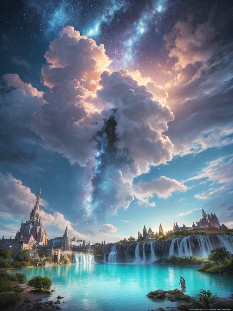 (8k, highest quality, masterpiece, final fantasy style: 1.2), (unRealistic, photoRealistic: 1.37), Dreamy landscape, Fantasy, Unsurreal landscapes, Super detailed, Flying Castle, Floating Island in the Sky, Seven-colored swirl of light, Intense lightning, milky way, Complex Light, Colored light, Large Lake, Starry sky reflected on the lake surface, Countless shining stars, Meteors,  Reflections , (A pillar of light emanated from the ground:1,2), roses and orchids gardens , sunset, pink clouds, waterfalls in the sky, realistic style, Hyperrealism drawing, a flying pirate spaceship floating at the clouds level, burning skyscrapers, cyborgs, timeless realms, stunning  princess  , floating hair, pink lipstick, cute, naked shoulders ,  casting spell, healing light magic effect, in a magical lagoon of the fairyland, crystal clear water surface reflections, sharp focus, looking at viewer, (close-up:0.9), (bright white theme:1.2), (bright white tone:1.2), (deep blue tone:1.3), realistic, Hyperrealism,