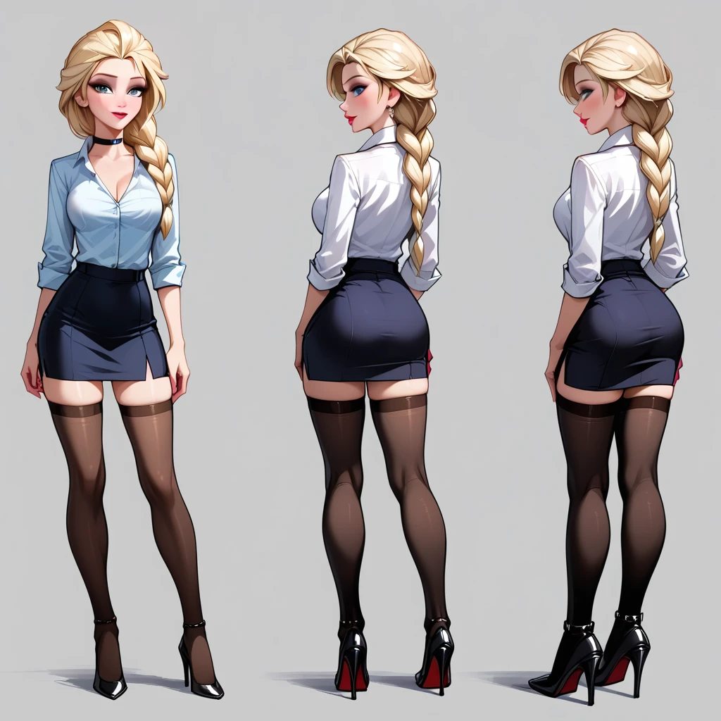 score_9, score_8_up, score_7_up, score_6_up, sketch_sheet, solo, BREAK 1girl, (Elsa, blonde, braid:1.3), dominant gorgeous girl, same character, BREAK perfect lips, tall, choker, (Sexy Office Lady), short black skirt, thigh slit, white shirt, thigh highs, high heels, BREAK frontal body view, back body view, Depth, Many parts, Multiple poses and expressions, BREAK highly detailed, (ultra-detailed), (best illustration), (best shadow), (absurdres), BREAK (very aesthetic), (4k, intricate), (full-body-shot:1), (detailed face:1.2).