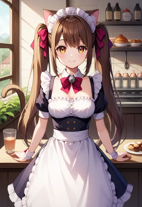 chocola 1 girl with long brown hair, amber eyes, long hair, pigtails smile, silver bell on neck, maid uniform, cafe on backgroun...