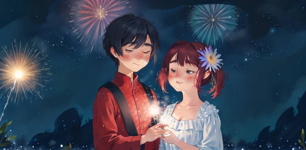 midnight,  、A single firework、darkness、A world just for the two of us、There are only two of them、The fireworks bloom from the center、Embers in the iris、Fireworks in the eyes