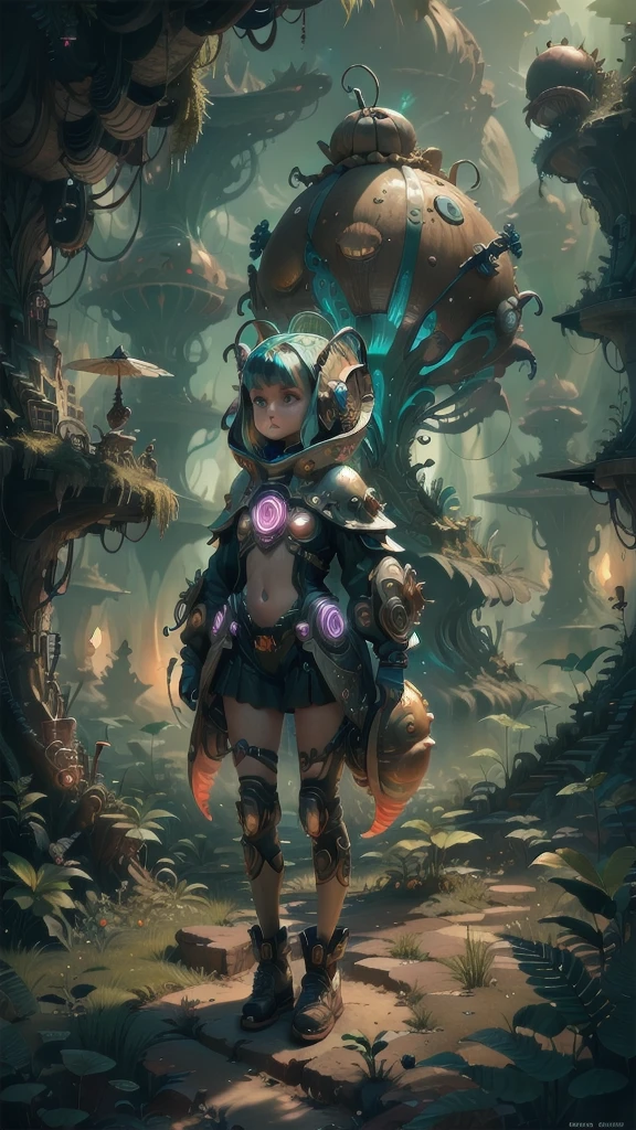 "((masterpiece)), highly detailed, digital illustration, a young girl standing on a vast, alien landscape, interacting with a gigantic snail with glowing patterns on its shell, the snail’s antennae waving gently as it gazes at her, surreal and dreamlike atmosphere, blending elements of science fiction and fantasy, the girl’s futuristic outfit adorned with small gadgets and lights, vibrant colors contrasting with the strange, otherworldly environment, a sense of curiosity and wonder",Mysticstyle