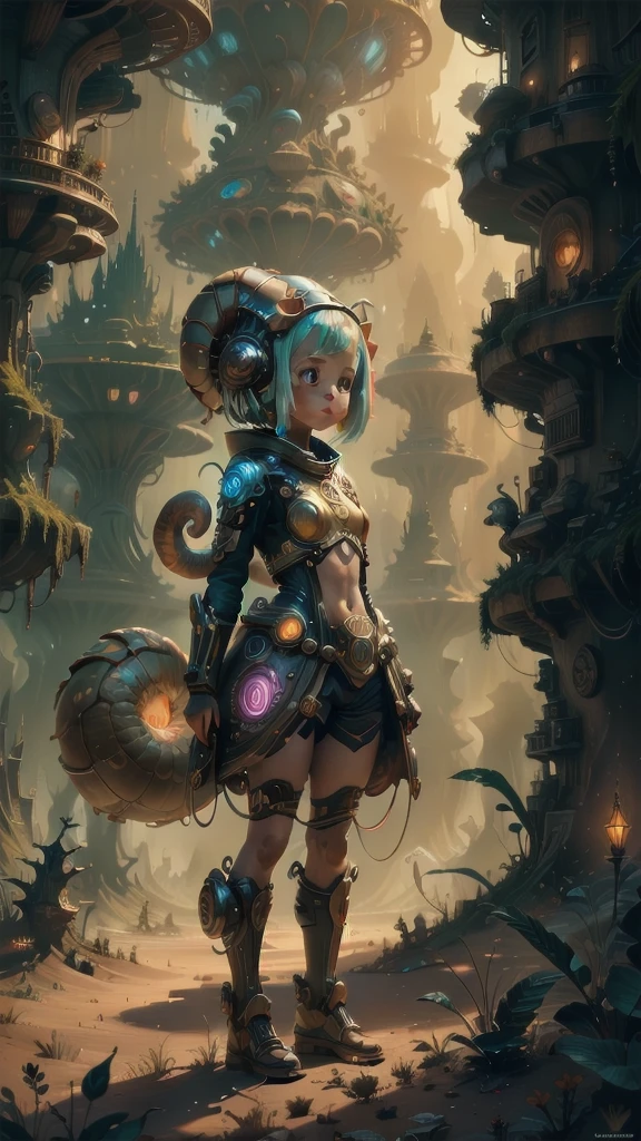 "((masterpiece)), highly detailed, digital illustration, a young girl standing on a vast, alien landscape, interacting with a gigantic snail with glowing patterns on its shell, the snail’s antennae waving gently as it gazes at her, surreal and dreamlike atmosphere, blending elements of science fiction and fantasy, the girl’s futuristic outfit adorned with small gadgets and lights, vibrant colors contrasting with the strange, otherworldly environment, a sense of curiosity and wonder",Mysticstyle