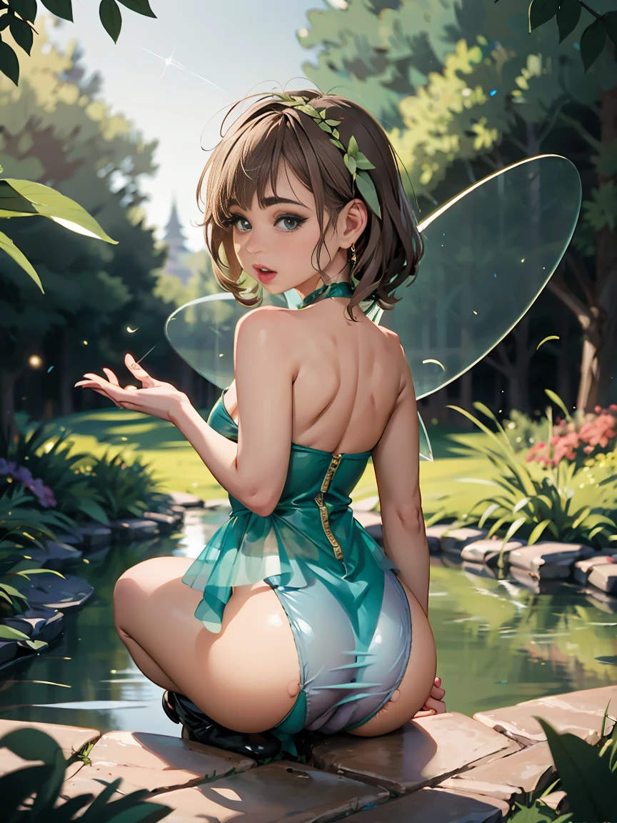 Riley Reid from Tinker Bell (Disney character), Realistic, Dynamic Lights, ((highest quality)), ((masterpiece)), (detailed), Ultra HD, Very Detailed CG Unified 8k Wallpaper, (Cinema lighting), (Anime illustration), 1 girl, sports body, Perfect Face, detailed, (full shot), Tinker Bell is a tiny fairy with translucent wings, sparkling green eyes, small, flying, wings on the back, Her wings are delicate and shimmer as she flies gracefully, looking at viewer, cowboy shot, low angle, from behind, big ass naked, realistic hands, detailed hands, perfect anatomy, clean details, high quality, sharp focus, Photorealistic Photorealism, background a magical forest with towering trees, glowing moss, and colorful flowers. Sunlight filters through the leaves, reflecting on a sparkling stream. Pixie dust and fireflies float in the air, with a tiny fairy house nestled among the tree roots.