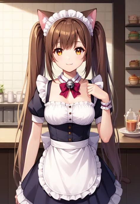 chocola 1 girl with long brown hair, amber eyes, long hair, pigtails smile, silver bell on neck, maid uniform, cafe on backgroun...