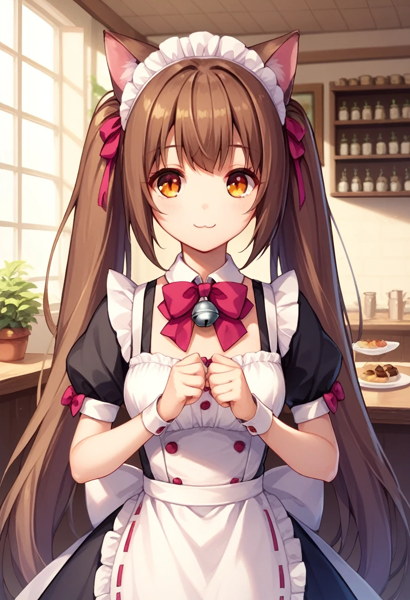 Chocola 1 girl with long brown hair, amber eyes, long hair, pigtails smile, silver bell on neck, maid uniform, cafe on background , cat ears, cat tail