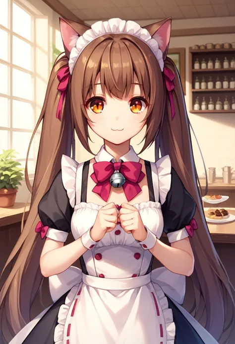 chocola 1 girl with long brown hair, amber eyes, long hair, pigtails smile, silver bell on neck, maid uniform, cafe on backgroun...