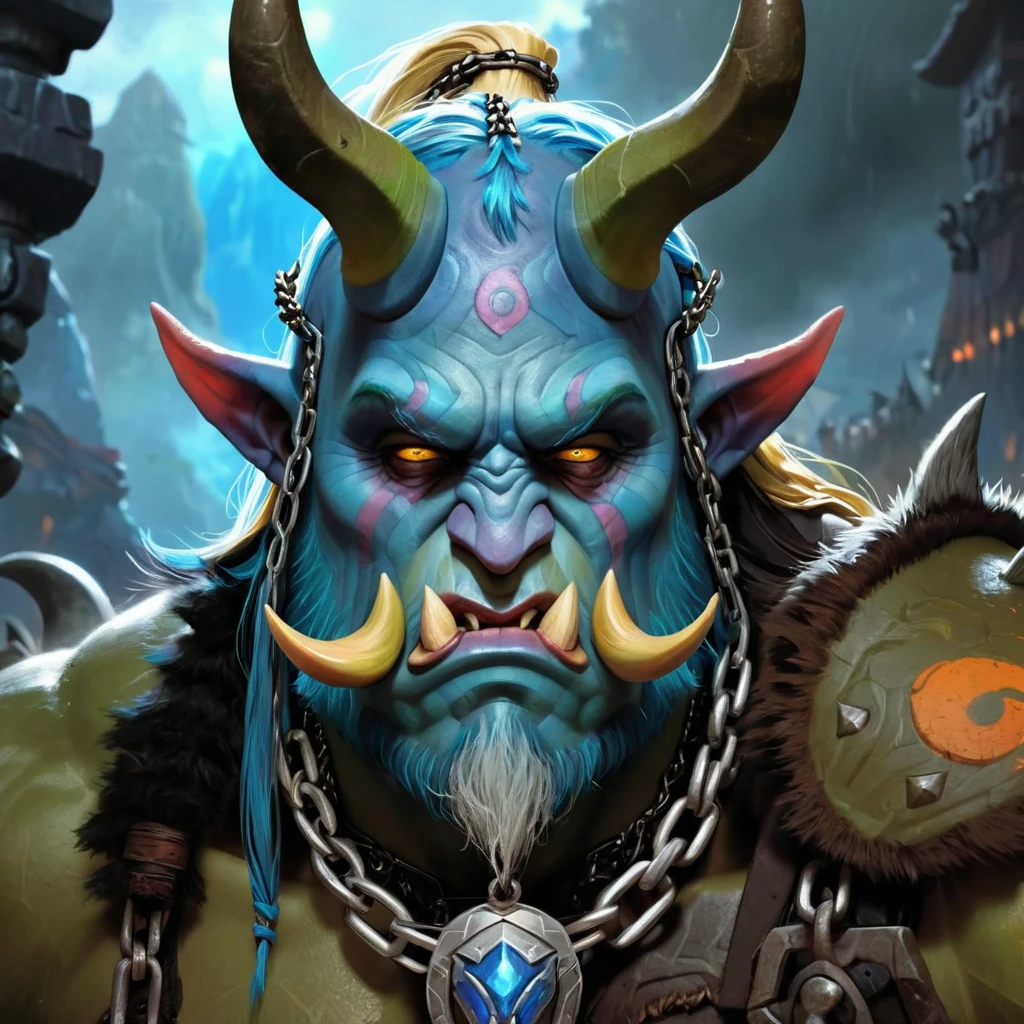 a close up of a bird with a horned head and a chain around its neck, concept art inspired by Aleksi Briclot, featured on zbrush central, fantasy art, berserker potrait, warcraft artwork, painted portrait of rugged odin, detailed matte fantasy portrait, face of an armored villian, portrait of an orc warrior, epic digital painting