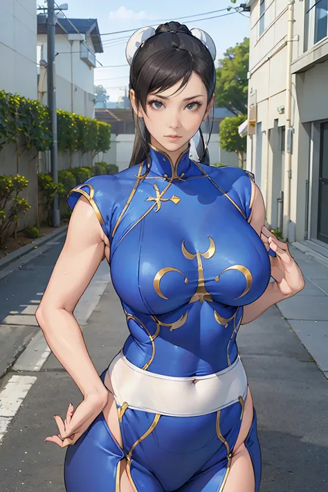 ((a woman modeled after the character chun-li)), , medium hips, bright eyes, very flashy,gigantic breasts, puffy nipple, tight, ...