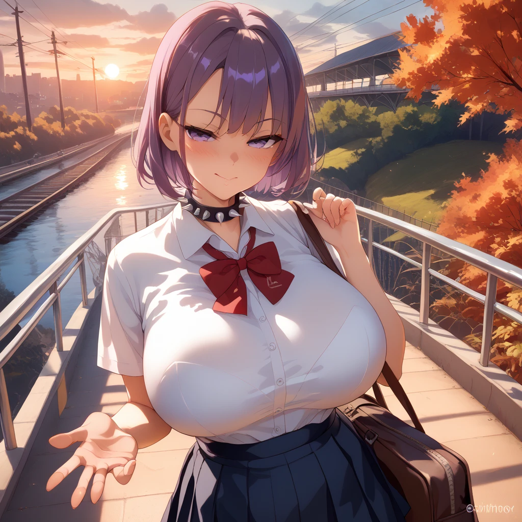 1 female, short purple hair, big purple eyes, full lidded eyes, mischievous smiled, school uniform, white shirt, spiked collar, red ribbon, short blue skirt, skin tight clothing, clutching bag, flushed face, massive breasts, slim waist, cinematic lighting, volumetric lighting, sunset, leaves falling, detailed city background, on a bridge, warm hues,train tracks in background, 1 hand reaching out for boob