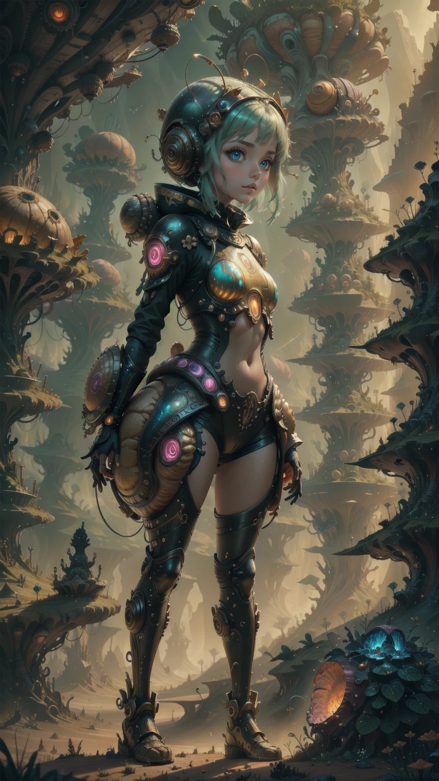 "((masterpiece)), highly detailed, digital illustration, a young girl standing on a vast, alien landscape, interacting with a gigantic snail with glowing patterns on its shell, the snail’s antennae waving gently as it gazes at her, surreal and dreamlike atmosphere, blending elements of science fiction and fantasy, the girl’s futuristic outfit adorned with small gadgets and lights, vibrant colors contrasting with the strange, otherworldly environment, a sense of curiosity and wonder",Mysticstyle