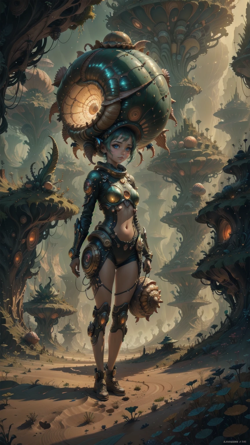 "((masterpiece)), highly detailed, digital illustration, a young girl standing on a vast, alien landscape, interacting with a gigantic snail with glowing patterns on its shell, the snail’s antennae waving gently as it gazes at her, surreal and dreamlike atmosphere, blending elements of science fiction and fantasy, the girl’s futuristic outfit adorned with small gadgets and lights, vibrant colors contrasting with the strange, otherworldly environment, a sense of curiosity and wonder",Mysticstyle