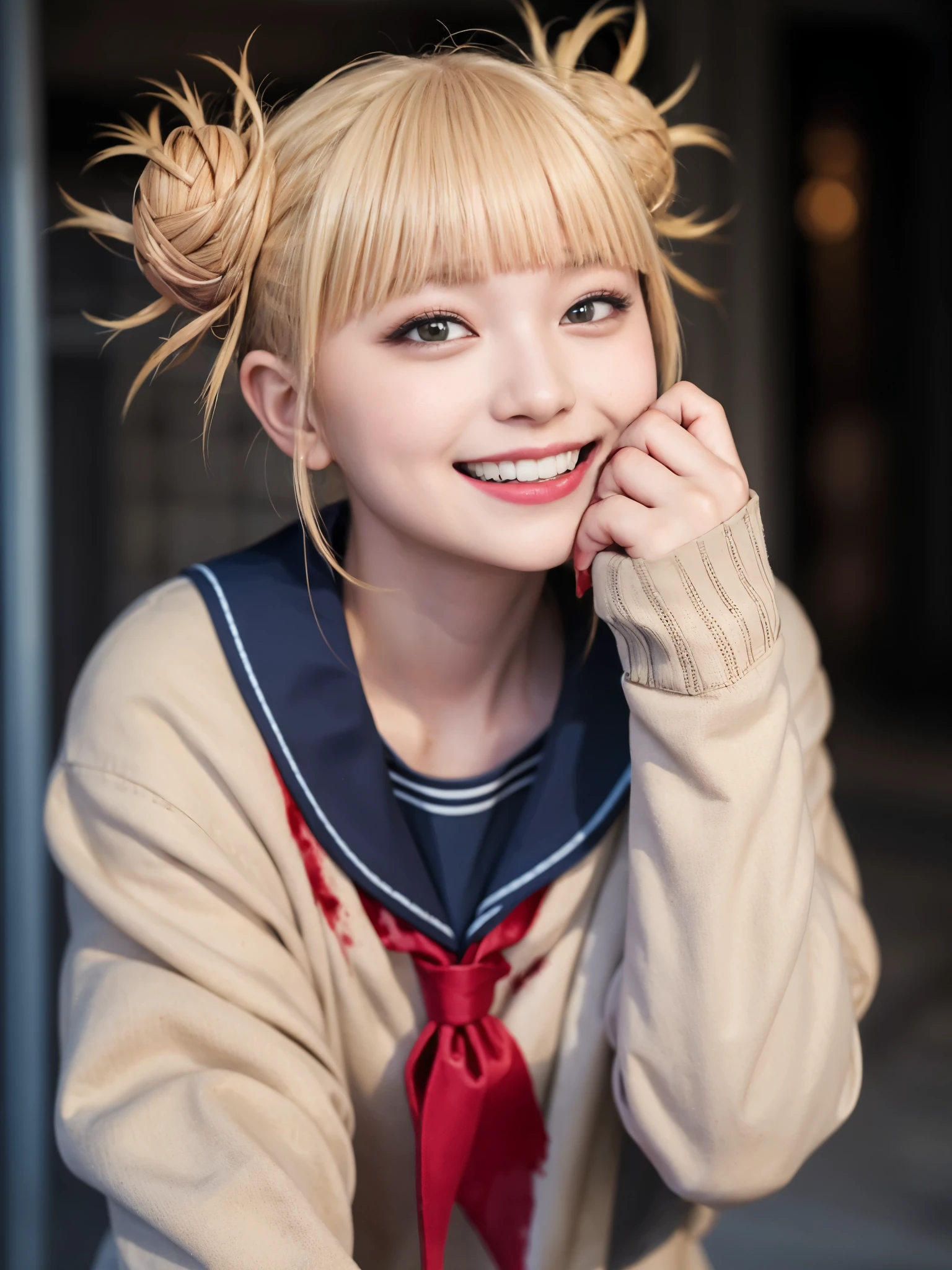 (beautiful japanese girl), (Highest quality,128k, masterpiece:1.55, photorealistic, hyperrealistic), 128k wallpaper,
BREAK (Shot with Canon EOS 5D Mark 4 and Canon EF Lens 85mm F1.2L lens, F value 1.2, ISO 50, shutter speed 64),
BREAK (beautifull, detailed face, detailed eyes), Ultra detailed face, Detailed lips, Detailed eyes, double eyelid, nsfw, 8k, 最High resolution, High resolution, masterpiece, 
BREAK from below, pov, (close up:1.25),  (look at camera :1.3), (leaning forward:1.3), Cinematic angle, 
BREAK toga himiko, (smoky makeup:1.3),
BREAK Lean Body, Large Body, , height of 157 cm, (smile beam:1.5), (fang:1.5),
BREAK (blonde hair:1.3), (Blunt Bangs), double bun, sidelocks, sharp teeths, (yellow eyes:1.3),
BREAK school uniform, sailor collar, red neckerchief, slit pupils,  cardigan, long sleeves, blue saillor collar, (deep blue pleated skirt), serafuku,
BREAK (dark alley),night,darkness,(blood splater:1.75),standing,full body, 
