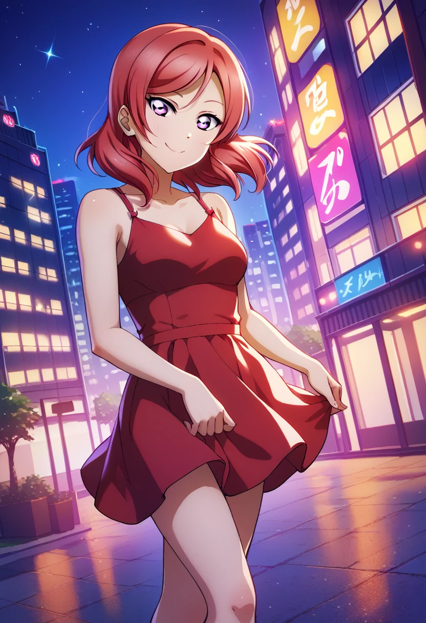 score_9, score_8_up, score_7_up, score_6_up, source_anime, 1girl, nishikino maki, love live!, score_9, score_8_up, score_7_up, score_6_up, source_anime, purple eyes, red hair, medium breasts, medium hair, casual, standing, night, city, outdoors, red dress, building, dress, solo, skyscraper, smile