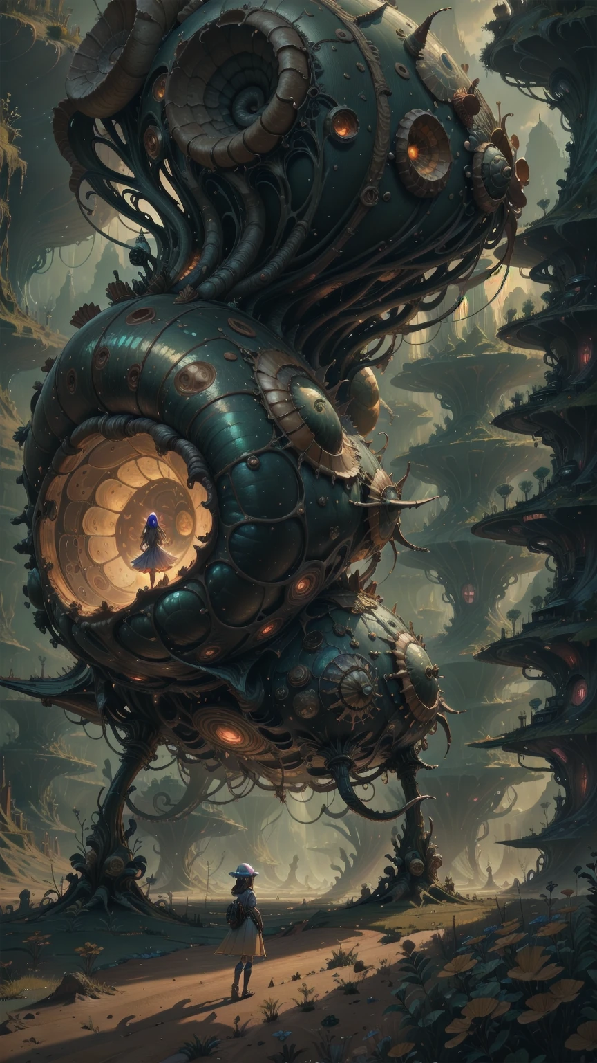 "((masterpiece)), highly detailed, digital illustration, a young girl standing on a vast, alien landscape, interacting with a gigantic snail with glowing patterns on its shell, the snail’s antennae waving gently as it gazes at her, surreal and dreamlike atmosphere, blending elements of science fiction and fantasy, the girl’s futuristic outfit adorned with small gadgets and lights, vibrant colors contrasting with the strange, otherworldly environment, a sense of curiosity and wonder",Mysticstyle