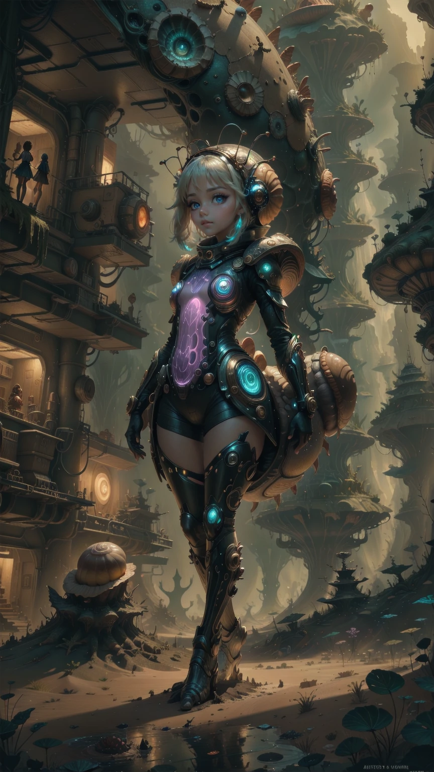 "((masterpiece)), highly detailed, digital illustration, a young girl standing on a vast, alien landscape, interacting with a gigantic snail with glowing patterns on its shell, the snail’s antennae waving gently as it gazes at her, surreal and dreamlike atmosphere, blending elements of science fiction and fantasy, the girl’s futuristic outfit adorned with small gadgets and lights, vibrant colors contrasting with the strange, otherworldly environment, a sense of curiosity and wonder",Mysticstyle