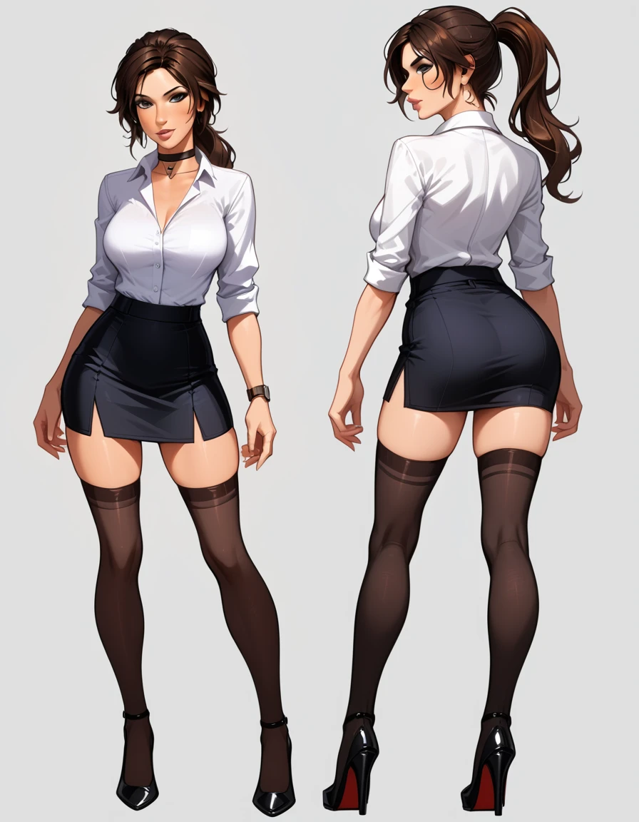 score_9, score_8_up, score_7_up, score_6_up, sketch_sheet, solo, BREAK 1girl, (Lara Croft, brown hair, ponytail:1.3), dominant gorgeous girl, same character, BREAK perfect lips, tall, choker, (Sexy Office Lady), short black skirt, thigh slit, white shirt, thigh highs, high heels, BREAK frontal body view, back body view, Depth, Many parts, Multiple poses and expressions, BREAK highly detailed, (ultra-detailed), (best illustration), (best shadow), (absurdres), BREAK (very aesthetic), (4k, intricate), (detailed face:1.2).