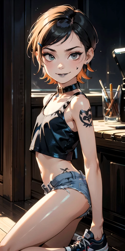 1boy, 12-year-old, Emo hairstyle, black lipstick, dog collar, eyeliner, eye shadow, smoky eyes, realistic lighting, tank top, short shorts, sneakers, satanic tattoo, smug, smirk, short hair, shiny skin. slim waist, erection under clothes, buble butt, Height about 120 cm