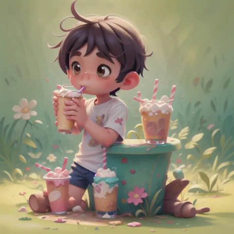 children's book illustration of a 4 yo boy drinking a milk shake