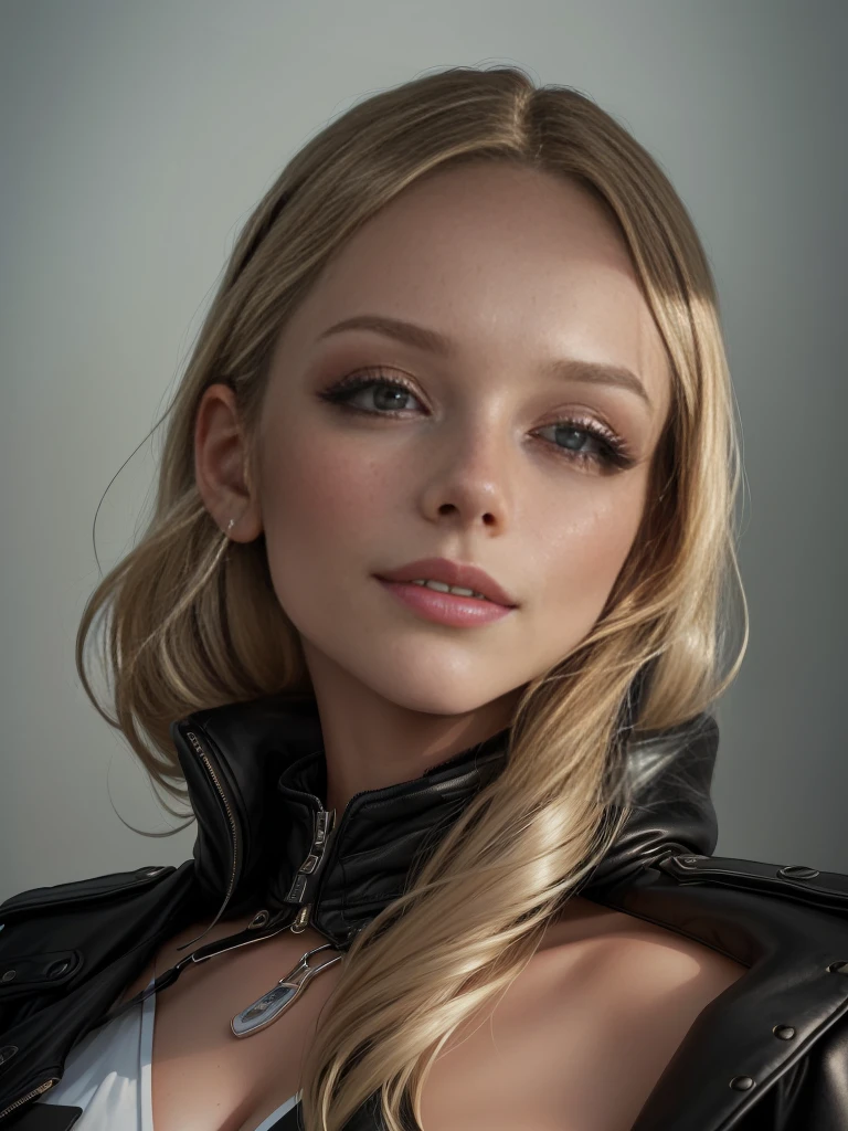 a close-up of a woman wearing a black jacket, Ester exposed, Dasha Taran, Britt Marling Stil, daniela uhlig, Portrait of Ester exposed, Gesicht wie Ester exposed, ((looking flirty
):1.2), im Stil von Britt Marling, Woman Model, Jovana Ricalo, Martina Fackova