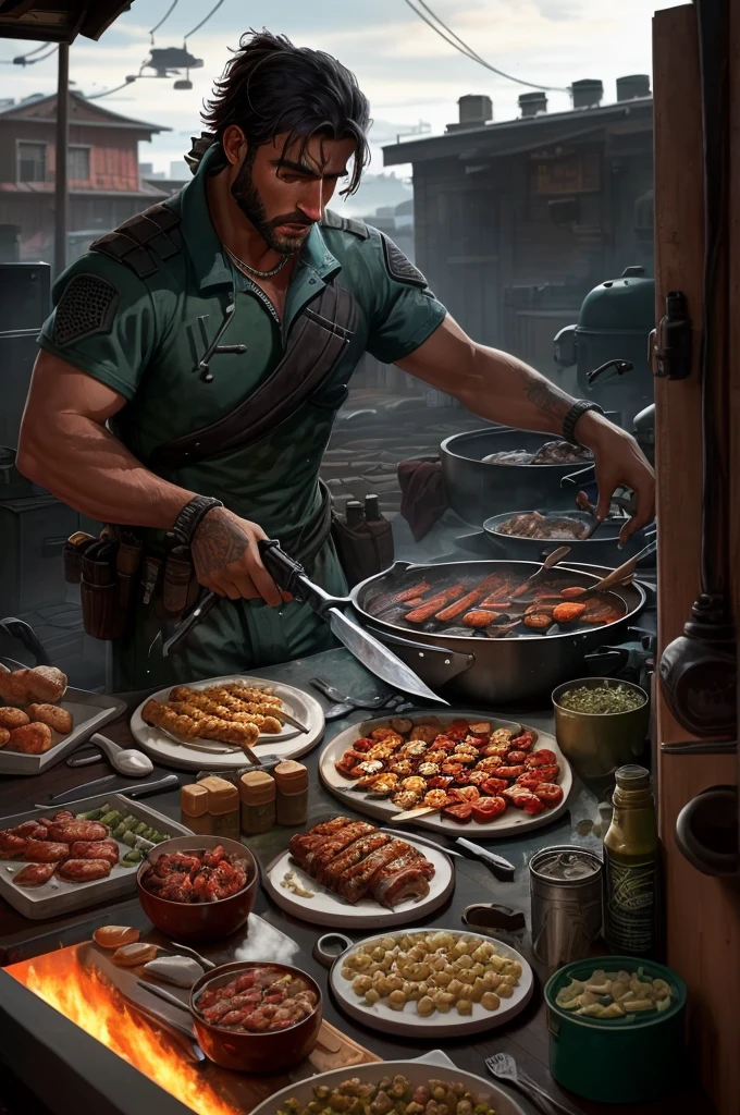 Harbor /(Valorant/), realistic, man, 1boy, cooking, barbecue, video game background Valorant, weapons, vandal, game