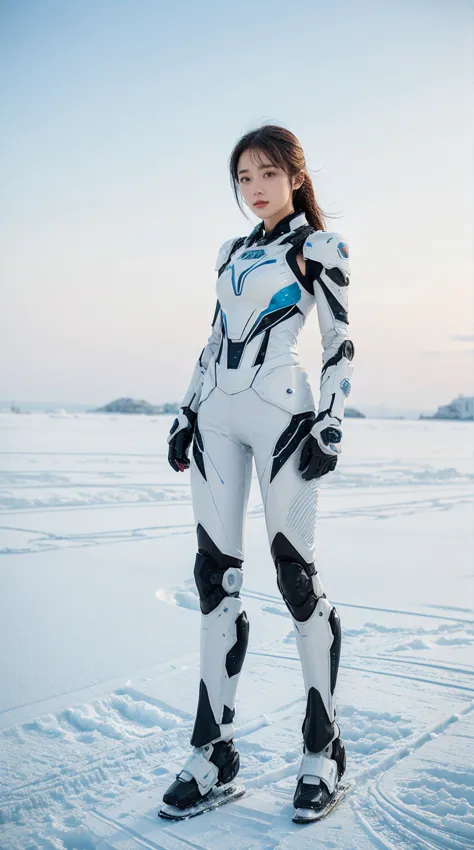 1 girl, lovely, ice and snow world, alone, skinny, wind, mecha suit, whole body, pretty face, decorated with intricate patterns ...