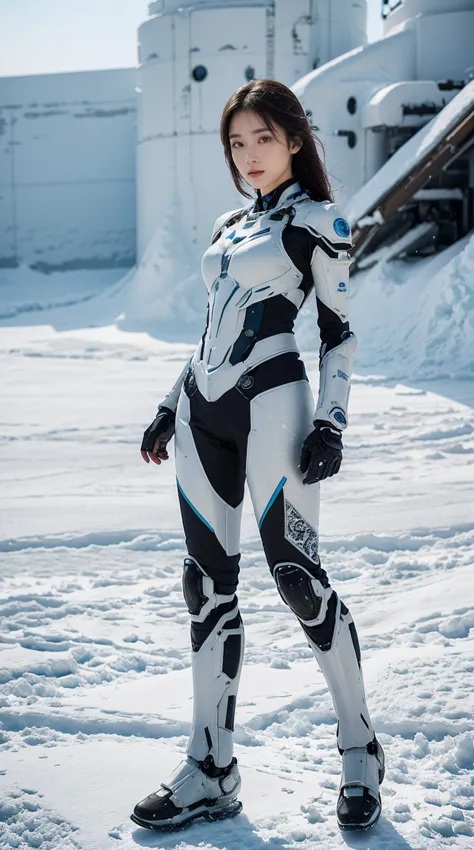 1 girl, lovely, ice and snow world, alone, skinny, wind, mecha suit, whole body, pretty face, decorated with intricate patterns ...