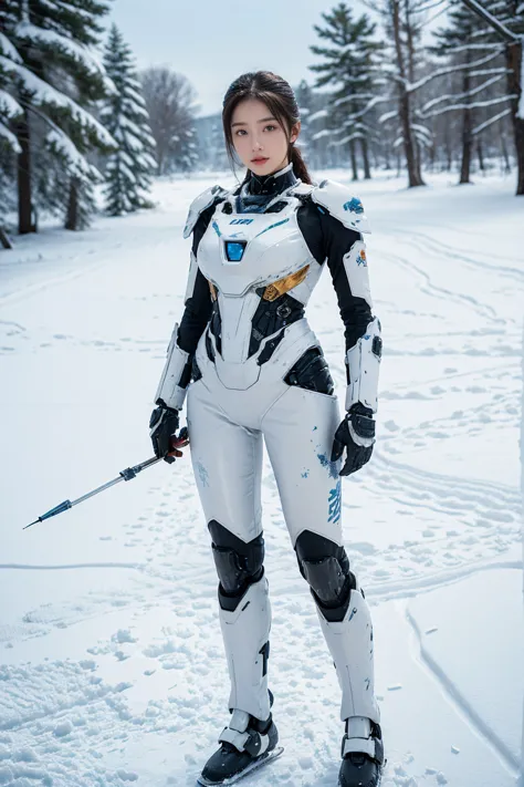 1 girl, lovely, ice and snow world, alone, skinny, wind, mecha suit, whole body, pretty face, decorated with intricate patterns ...