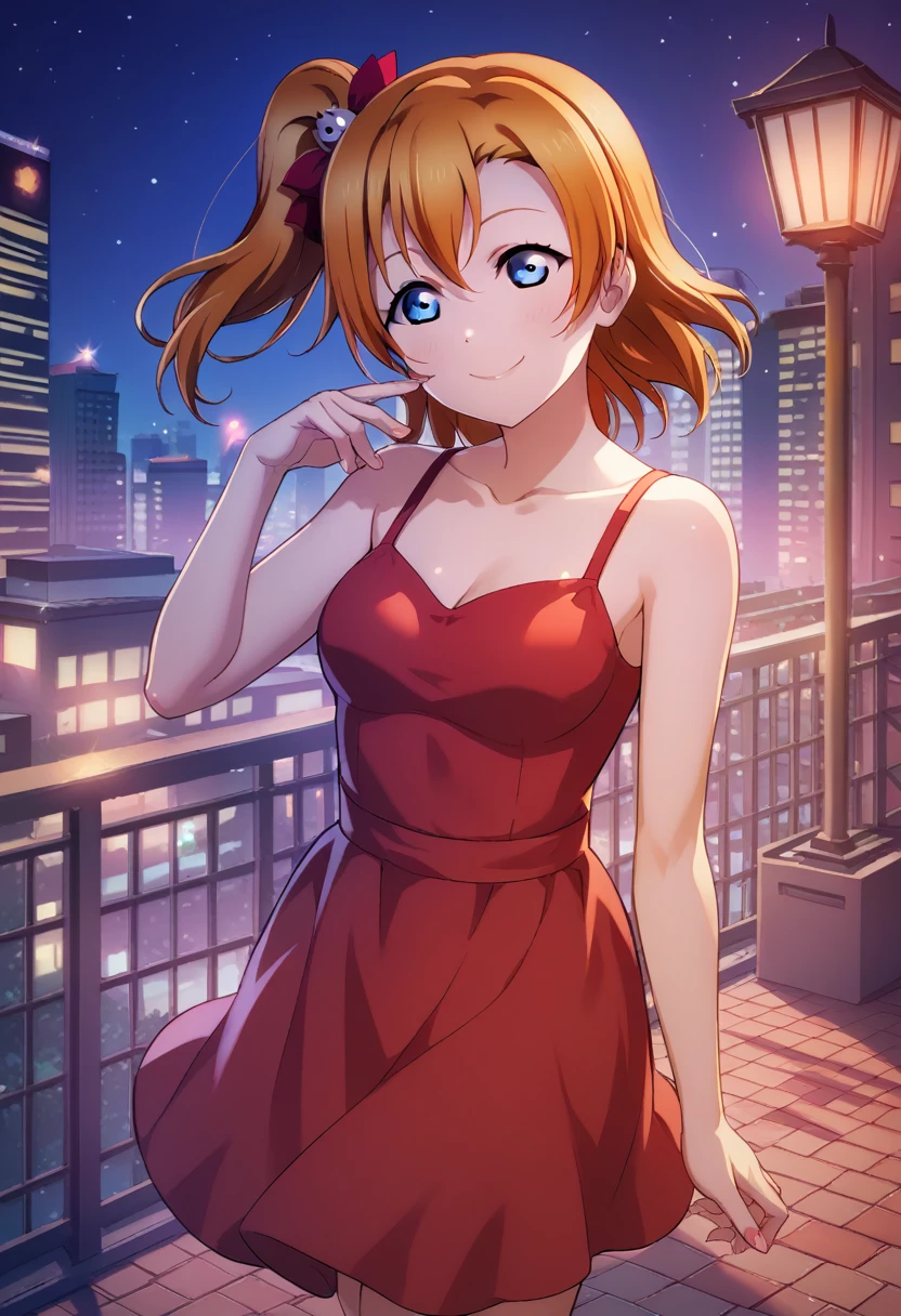 score_9, score_8_up, score_7_up, score_6_up, source_anime, 1girl, kousaka honoka, love live!, score_9, score_8_up, score_7_up, score_6_up, source_anime, blue eyes, orange hair, medium breasts, side ponytail, medium hair, casual, standing, night, city, outdoors, red dress, building, dress, solo, skyscraper, smile