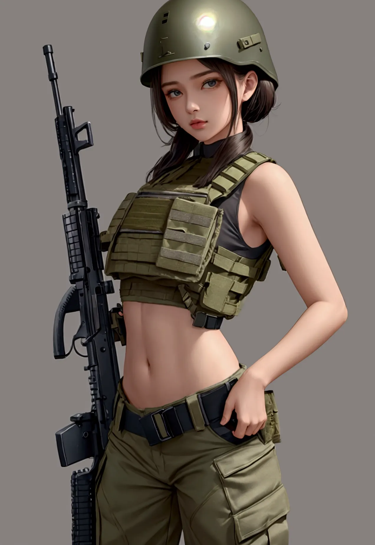 girl in crop top military bulletproof vest , military green cargo pants, belt, military helmet, tactical, (open navel),