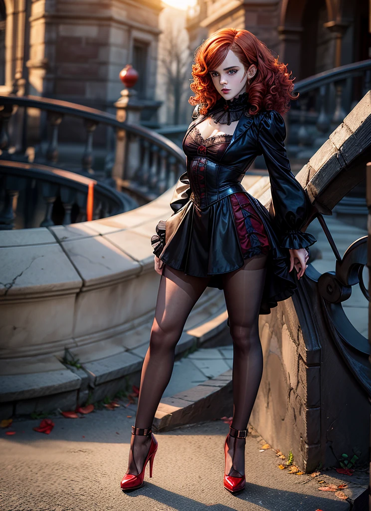 Emma Watson,  vampire girl,  very curly red hair, gothic clothes,  blue pantyhose,  high heels,  sun shiny day 