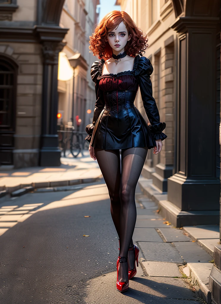 Emma Watson,  vampire girl,  very curly red hair, gothic clothes,  blue pantyhose,  high heels,  sun shiny day 