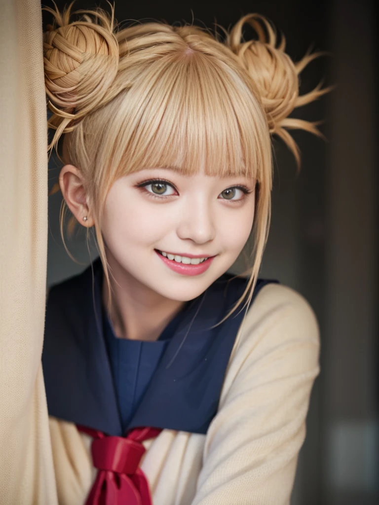 (beautiful japanese girl), (Highest quality,128k, masterpiece:1.55, photorealistic, hyperrealistic), 128k wallpaper,
BREAK (Shot with Canon EOS 5D Mark 4 and Canon EF Lens 85mm F1.2L lens, F value 1.2, ISO 50, shutter speed 64),
BREAK (beautifull, detailed face, detailed eyes), Ultra detailed face, Detailed lips, Detailed eyes, double eyelid, nsfw, 8k, 最High resolution, High resolution, masterpiece, 
BREAK from below, selfie, (close up:1.25),  (look at camera :1.3), (leaning side:1.3), Cinematic angle, 
BREAK toga himiko, (gothic makeup:1.3),
BREAK Lean Body, Large Body, , height of 157 cm, (smile beam:1.5), (fang:1.5),
BREAK (blonde hair:1.3), (Blunt Bangs), double bun, sidelocks, sharp teeths, (yellow eyes:1.3),
BREAK school uniform, sailor collar, red neckerchief, slit pupils,  cardigan, long sleeves, blue saillor collar, (deep blue pleated skirt), serafuku,
BREAK (dark alley),night,darkness,standing,full body, 
