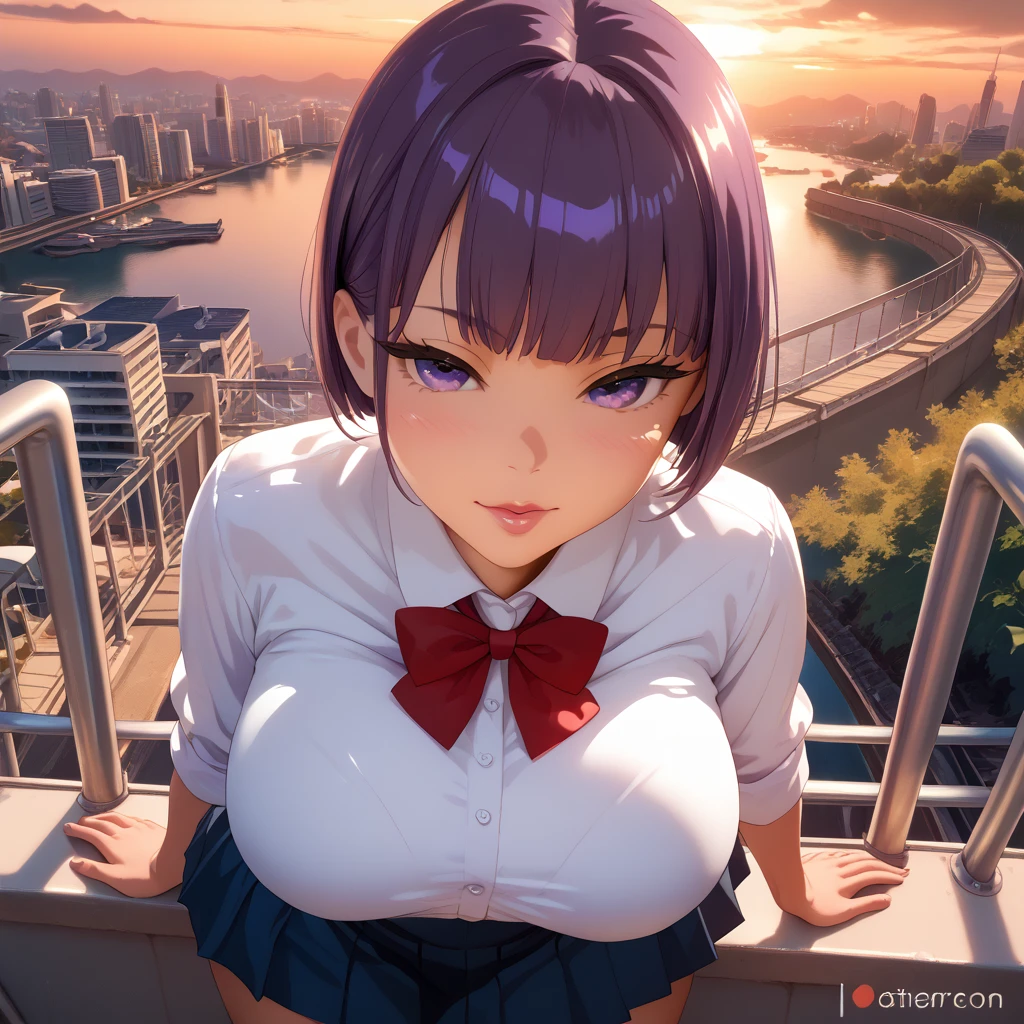 1 female, really short, tanned, round face, front view, pov angle, high angle, submissive face, short purple hair, bowl cut, bangs, big purple eyes, full lidded eyes, puckered lips, school uniform, white shirt, clothes stretch, realistic fabric, red ribbon, short blue skirt, skin tight clothing, extremely flushed face, massive breasts, slim waist, cinematic lighting, volumetric lighting, sunset, leaves falling in background, birds in sky, detailed city background, on a bridge, warm hues,train tracks in background