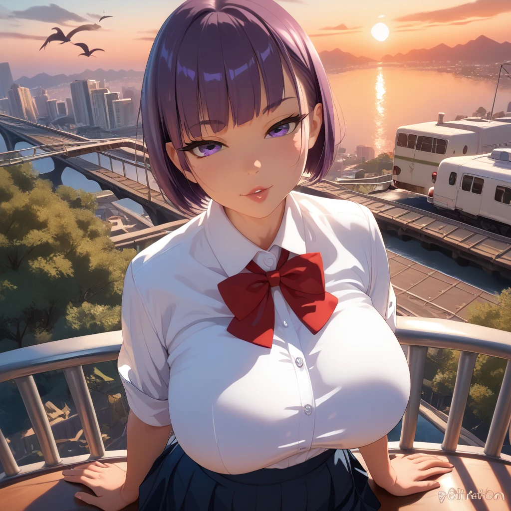 1 female, really short, tanned, round face, front view, pov angle, high angle, submissive face, short purple hair, bowl cut, bangs, big purple eyes, full lidded eyes, puckered lips, school uniform, white shirt, clothes stretch, realistic fabric, red ribbon, short blue skirt, skin tight clothing, extremely flushed face, massive breasts, slim waist, cinematic lighting, volumetric lighting, sunset, leaves falling in background, birds in sky, detailed city background, on a bridge, warm hues,train tracks in background