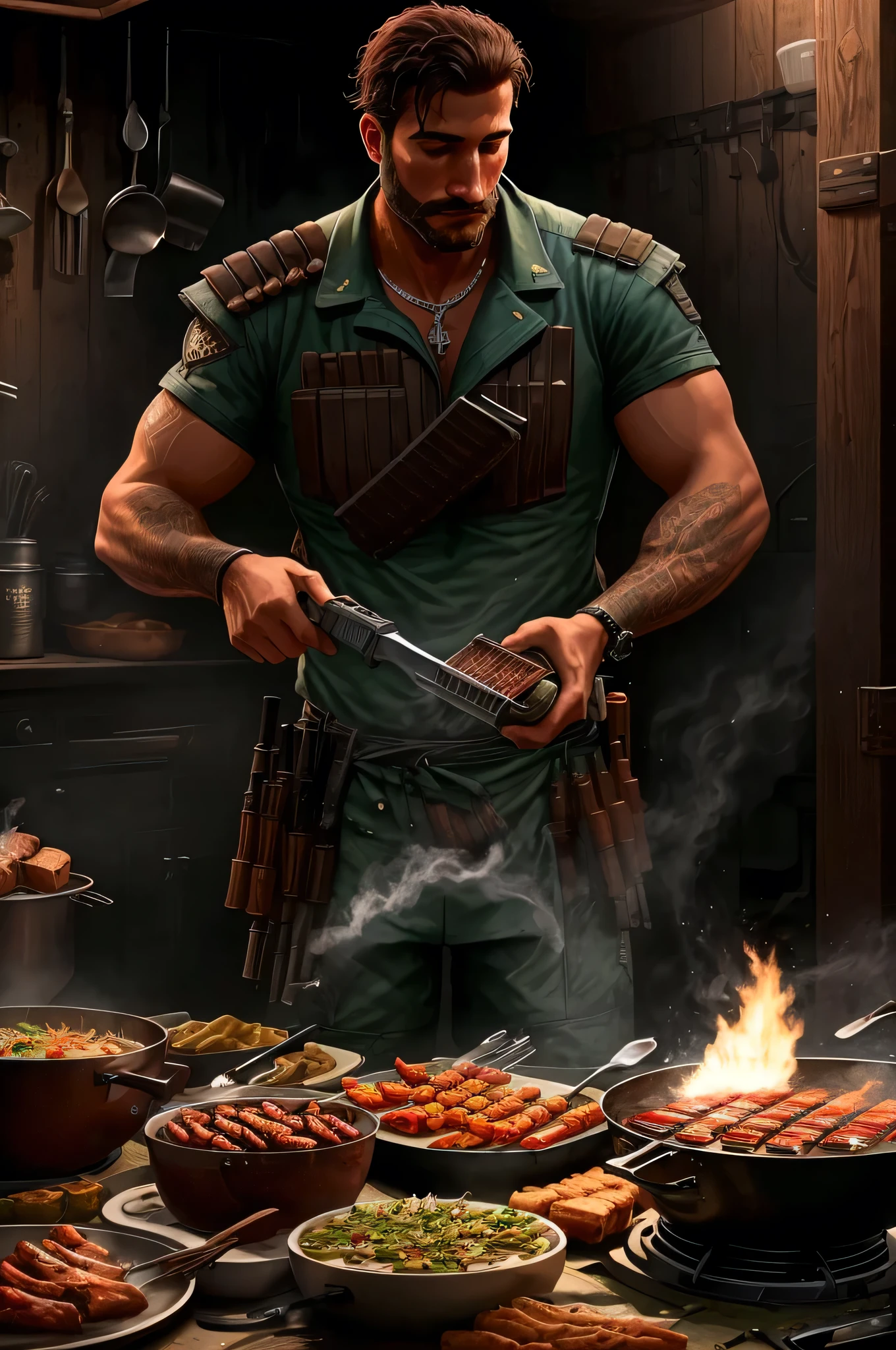 Harbor /(Valorant/), realistic, man, 1boy, cooking, barbecue, video game background Valorant, weapons, game