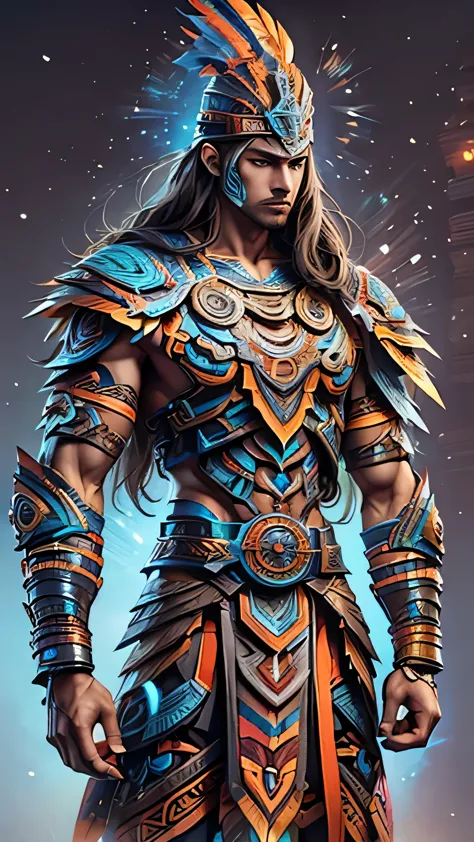 aztec god, long brown hair, light brown skin, bright brown eyes, serious look, muscular, blue paint all over his body, blue trib...