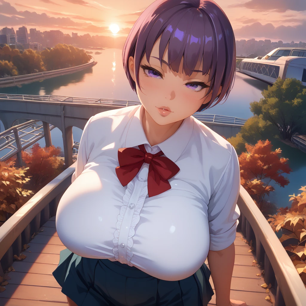 1 female, really short, tanned, round face, front view, pov angle, high angle, plump lips, submissive face, short purple hair, bowl cut, bangs, big purple eyes, full lidded eyes, puckered lips, school uniform, white shirt, clothes stretch, realistic fabric, red ribbon, short blue skirt, skin tight clothing, extremely flushed face, massive breasts, slim waist, cinematic lighting, volumetric lighting, sunset, leaves falling in background, birds in sky, detailed city background, on a bridge, warm hues,train tracks in background