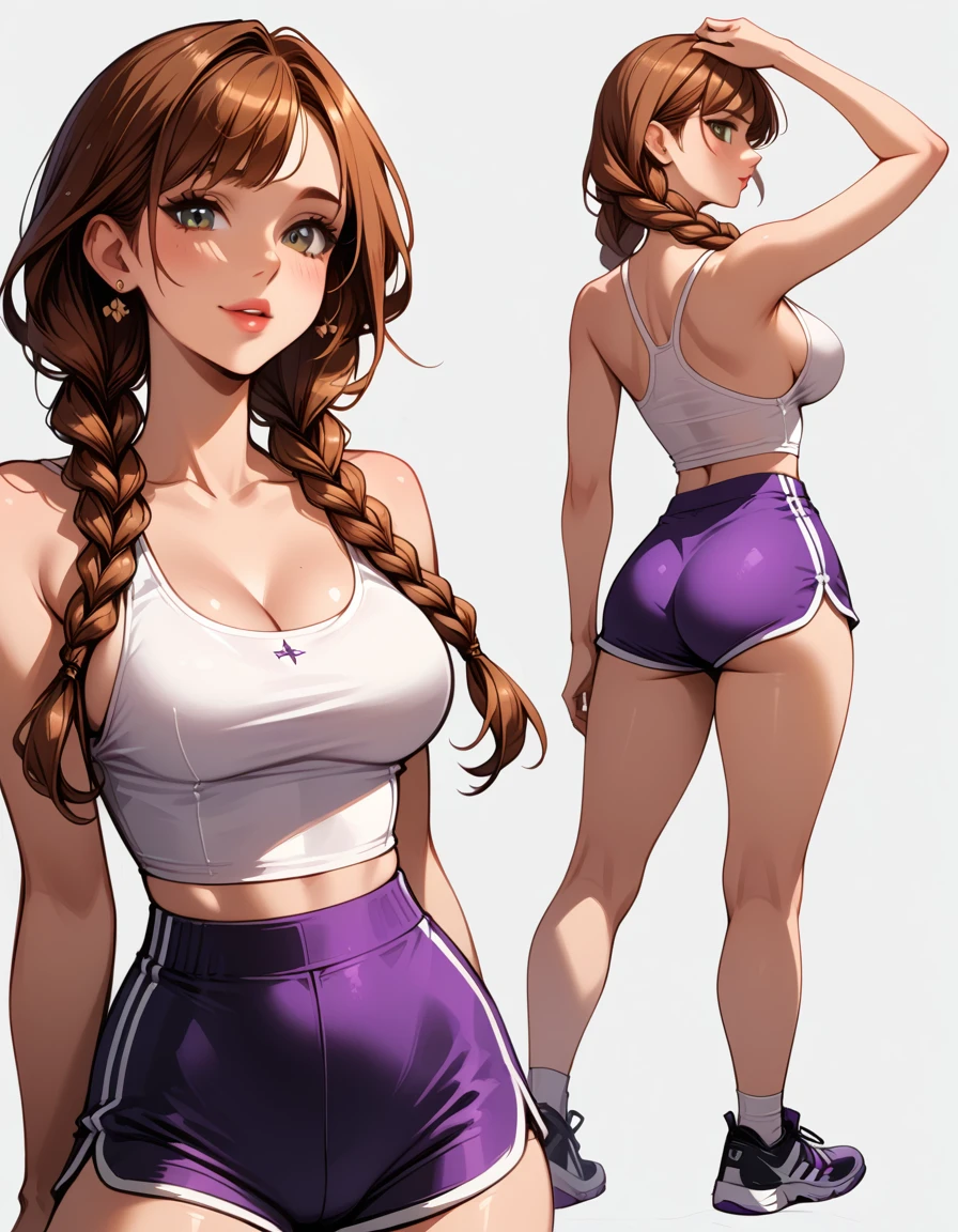 score_9, score_8_up, score_7_up, score_6_up, sketch_sheet, solo, BREAK 1girl, (Anna, brown hair, braided pigtails:1.3), dominant gorgeous girl, same character, BREAK perfect lips, tall, (Sexy gym girl), tight purple dolphin shorts, white tank top, sideboob, sneakers, BREAK frontal body view, back body view, Depth, Many parts, Multiple poses and expressions, BREAK highly detailed, (ultra-detailed), (best illustration), (best shadow), (absurdres), BREAK (very aesthetic), (4k, intricate), (detailed face:1.2).