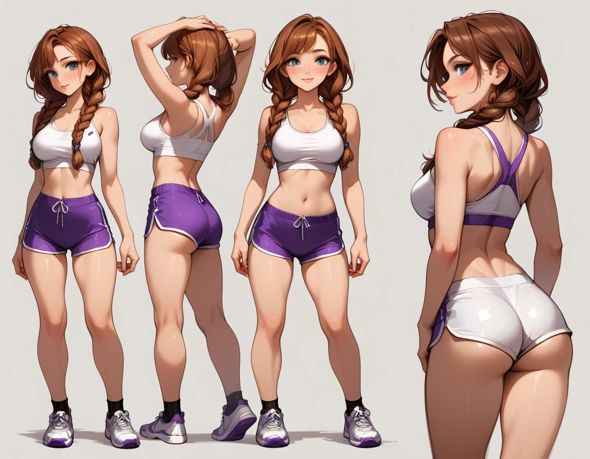 score_9, score_8_up, score_7_up, score_6_up, sketch_sheet, solo, BREAK 1girl, (Anna, brown hair, braided pigtails:1.3), dominant gorgeous girl, same character, BREAK perfect lips, tall, (Sexy gym girl), tight purple dolphin shorts, white sports bra, sneakers, BREAK frontal body view, back body view, Depth, Many parts, Multiple poses and expressions, kneeling, BREAK highly detailed, (ultra-detailed), (best illustration), (best shadow), (absurdres), BREAK (very aesthetic), (4k, intricate), (detailed face:1.2), cowboy shot.