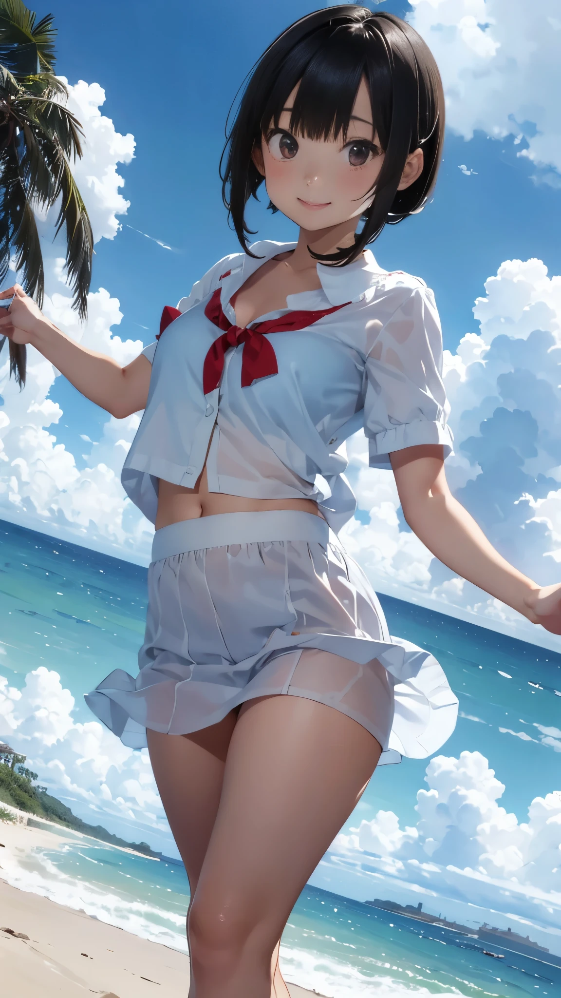 Black short bob、Cute Smile、White button-down blouse、The red bra is sheer、Light blue skirt、A skirt flying high in the wind、Cute white underwear、barefoot、Sandy beach, sea and cumulonimbus clouds