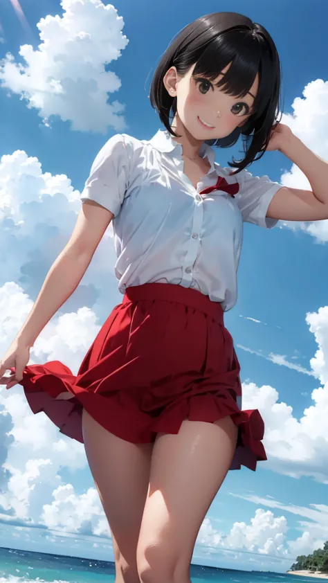 black short bob、cute smile、white button-down blouse、the red bra is sheer、light blue skirt、a skirt flying high in the wind、cute w...