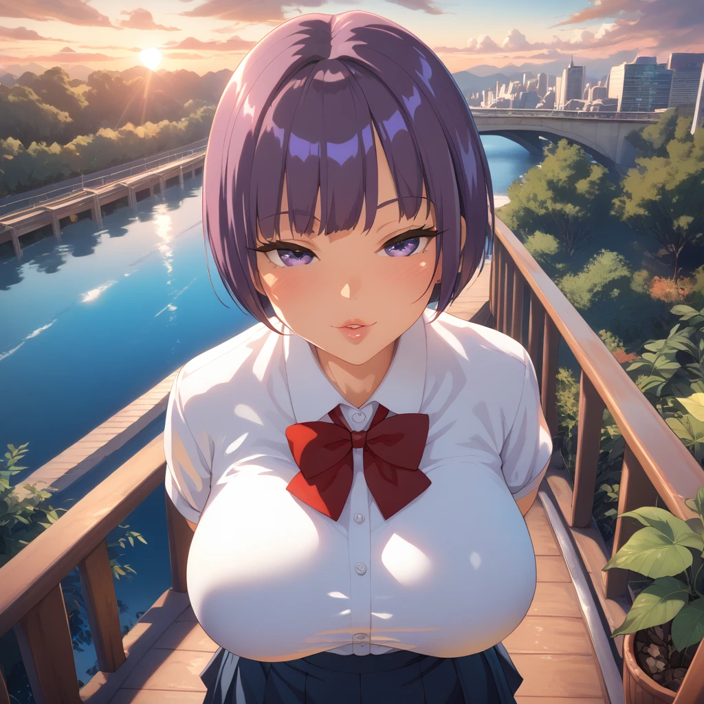 1 female, really short, tanned, round face, front view, pov angle, high angle, plump lips, submissive face, round face, detailed face, short purple hair, bowl cut, bangs, big purple eyes, full lidded eyes, puckered lips, hands behind back, school uniform, white shirt, clothes stretch, realistic fabric, red ribbon, short blue skirt, skin tight clothing, extremely flushed face, massive breasts, slim waist, cinematic lighting, volumetric lighting, sunset, leaves falling in background, birds in sky, detailed city background, on a bridge, warm hues,train tracks in background, plants