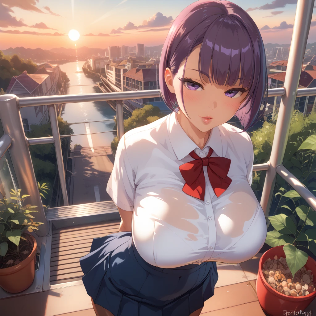 1 female, really short, tanned, round face, front view, pov angle, high angle, plump lips, submissive face, round face, detailed face, short purple hair, bowl cut, bangs, big purple eyes, full lidded eyes, puckered lips, hands behind back, school uniform, white shirt, clothes stretch, realistic fabric, red ribbon, short blue skirt, skin tight clothing, extremely flushed face, massive breasts, slim waist, cinematic lighting, volumetric lighting, sunset, leaves falling in background, birds in sky, detailed city background, on a bridge, warm hues,train tracks in background, plants