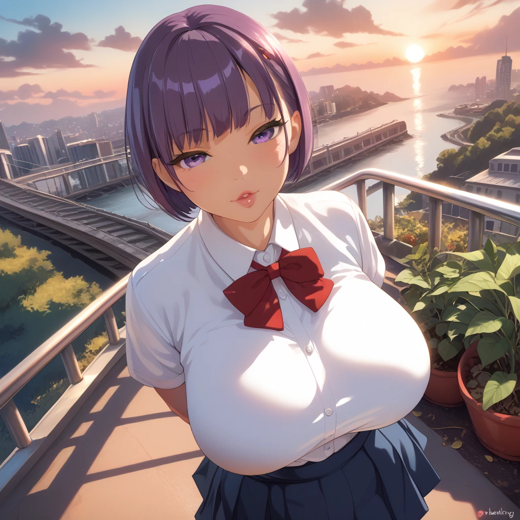 1 female, really short, tanned, round face, front view, pov angle, high angle, plump lips, submissive face, round face, detailed face, short purple hair, bowl cut, bangs, big purple eyes, full lidded eyes, puckered lips, hands behind back, school uniform, white shirt, clothes stretch, realistic fabric, red ribbon, short blue skirt, skin tight clothing, extremely flushed face, massive breasts, slim waist, cinematic lighting, volumetric lighting, sunset, leaves falling in background, birds in sky, detailed city background, on a bridge, warm hues,train tracks in background, plants