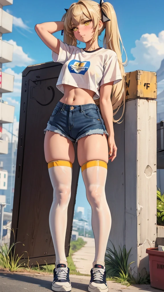 1girl, solo, long hair, breasts, looking at viewer, blush, bangs, shirt, twintails, very long hair, hair ribbon, (yellow eyes:1.3), low twintails, thighhighs, navel, closed mouth, standing, full body, white shirt, short sleeves, thighs, outdoors, shoes, shorts, day, hairclip, midriff, black thighhighs, stomach, arm up, crop top, short shorts, white footwear, denim, sneakers, blue shorts, denim shorts, hand on own head, crop top overhang, cutoffs