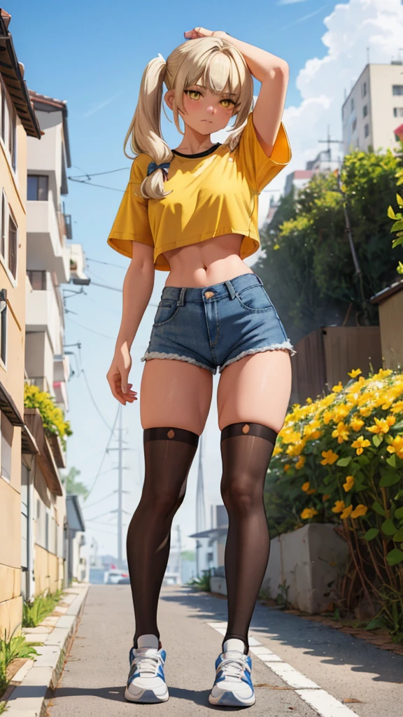 1girl, solo, long hair, breasts, looking at viewer, blush, bangs, shirt, twintails, very long hair, hair ribbon, (yellow eyes:1.3), low twintails, thighhighs, navel, closed mouth, standing, full body, white shirt, short sleeves, thighs, outdoors, shoes, shorts, day, hairclip, midriff, black thighhighs, stomach, arm up, crop top, short shorts, white footwear, denim, sneakers, blue shorts, denim shorts, hand on own head, crop top overhang, cutoffs