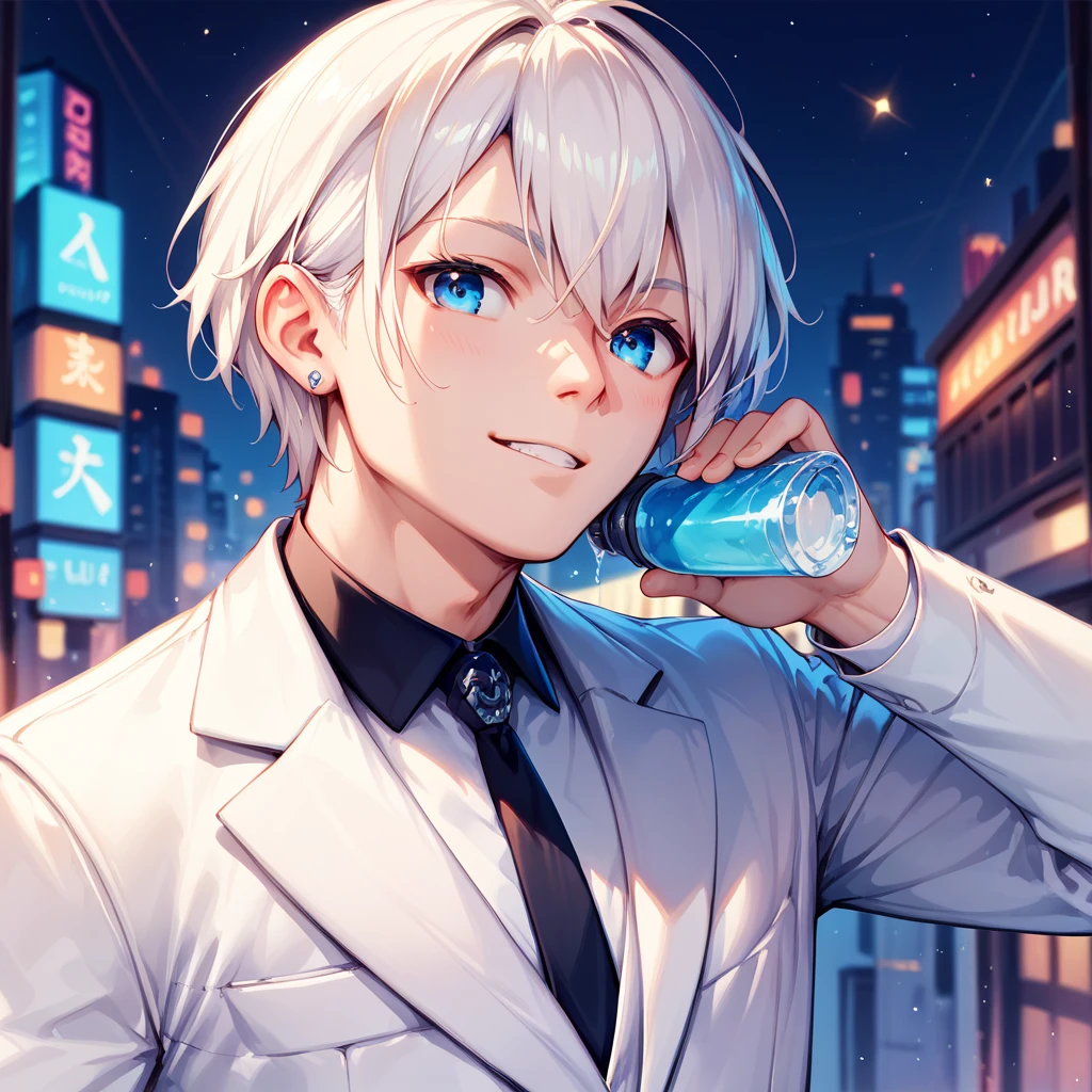 A white-haired, blue-eyed man wearing a white suit has a girl on his shoulder and his back is turned in the middle of the city at night.