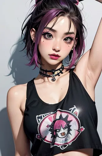 punk rock、bassist、wacky makeup、punk rockファッション、tank top、belly button exposed、punk clothing、cool、hard rock